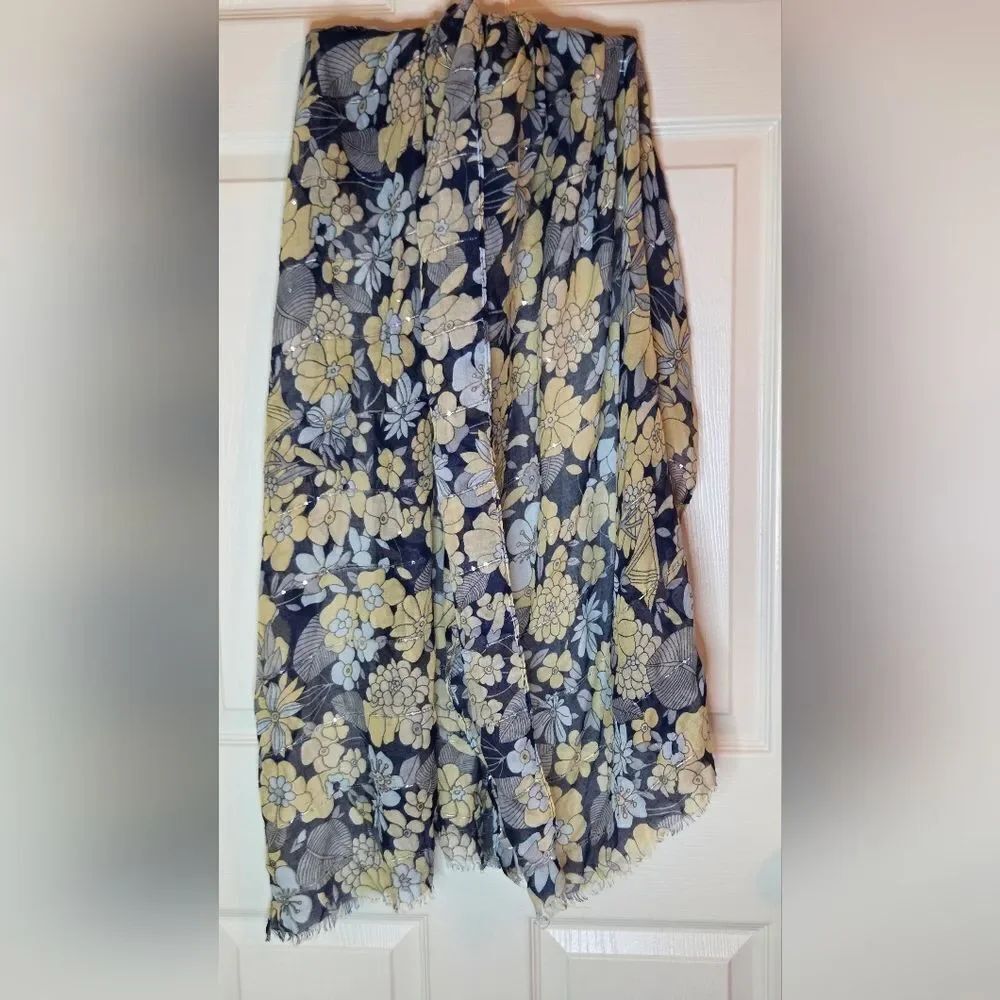 Arianna by Howard's BlueYellow Gray Flowers Print Metalic Women Scarf 69"×26.5"
